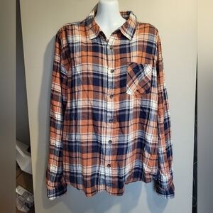 Women's Plaid Button-Down Shirt in Orange and Blue, Size Small